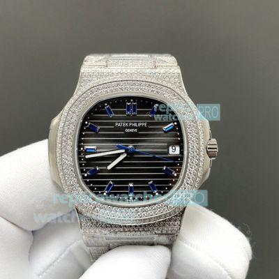 E7 Factory Luxury Copy Patek Philippe Nautilus 5711 Grey Blue Emerald Dial Iced Out Watch 